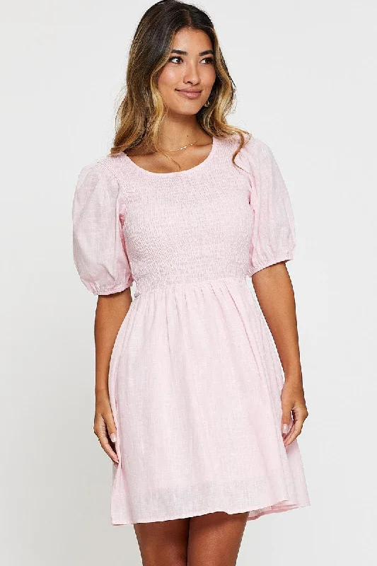 Pink Fit And Flare Dress Short Sleeve Round Neck