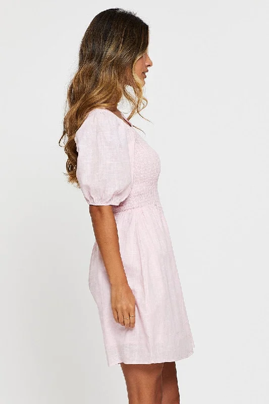 Pink Fit And Flare Dress Short Sleeve Round Neck