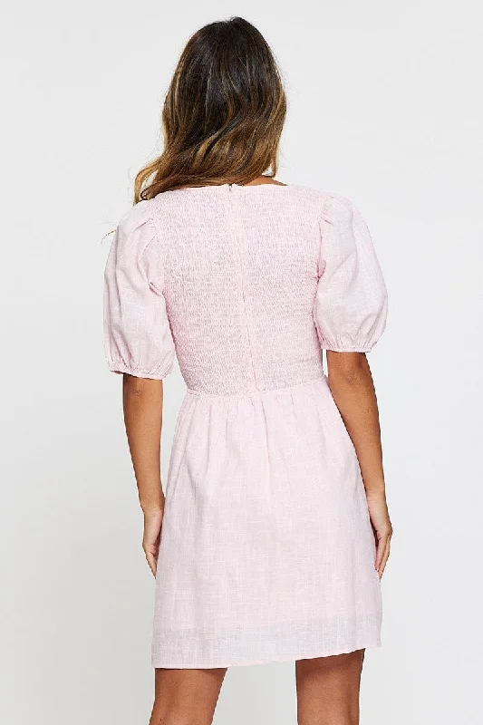 Pink Fit And Flare Dress Short Sleeve Round Neck