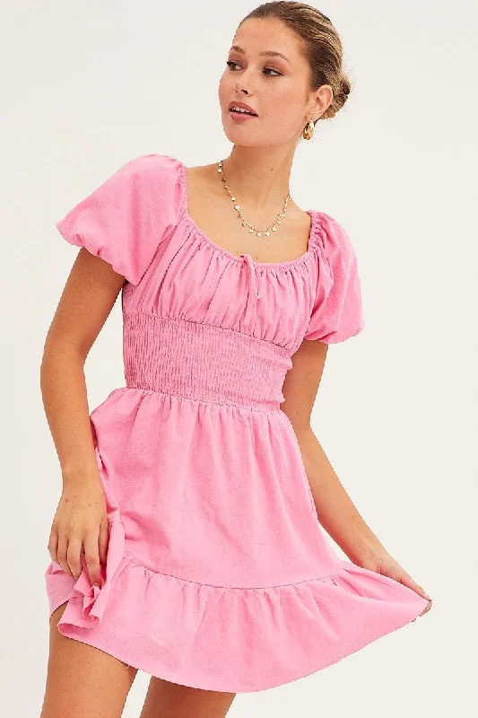 Pink Fit And Flare Dress Short Sleeve Round Neck