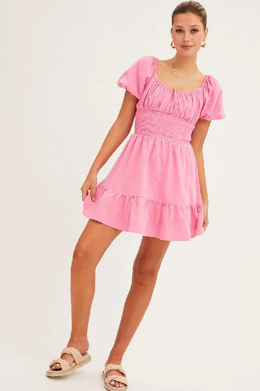 Pink Fit And Flare Dress Short Sleeve Round Neck