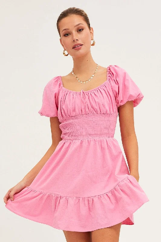 Pink Fit And Flare Dress Short Sleeve Round Neck