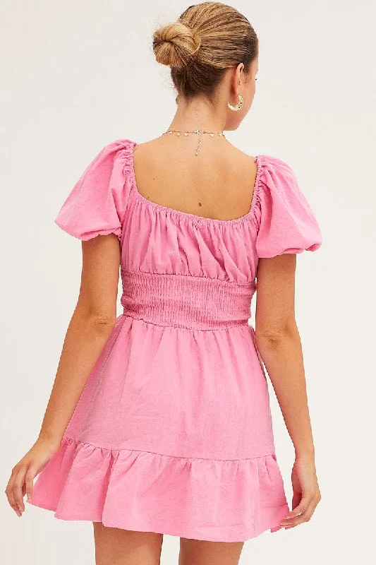 Pink Fit And Flare Dress Short Sleeve Round Neck