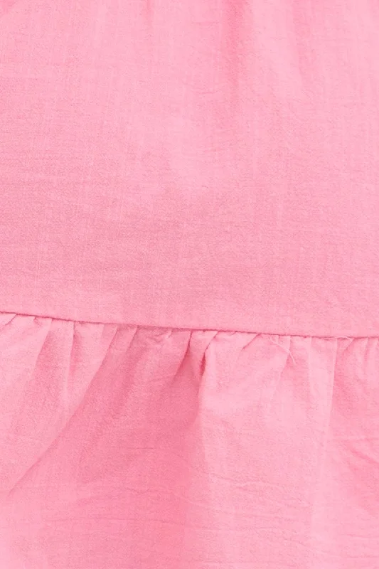 Pink Fit And Flare Dress Short Sleeve Round Neck