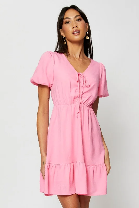 Pink Fit And Flare Dress Short Sleeve V Neck