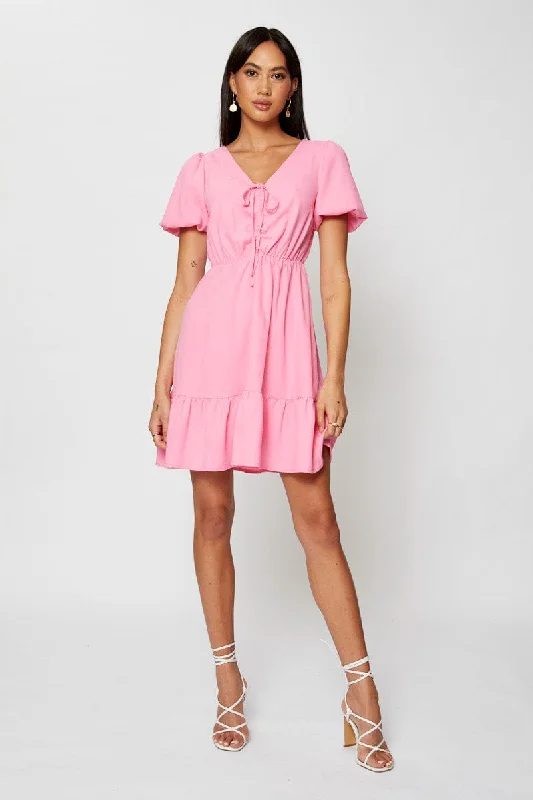 Pink Fit And Flare Dress Short Sleeve V Neck