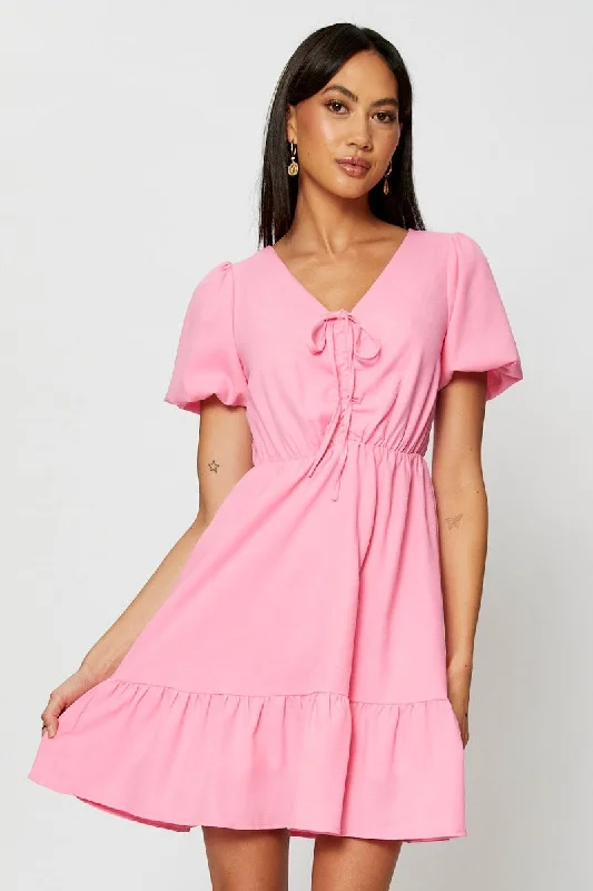 Pink Fit And Flare Dress Short Sleeve V Neck