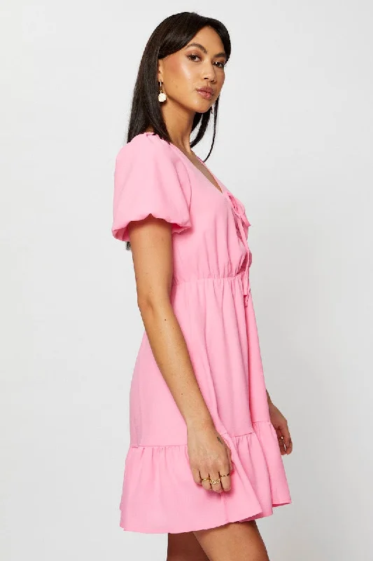 Pink Fit And Flare Dress Short Sleeve V Neck