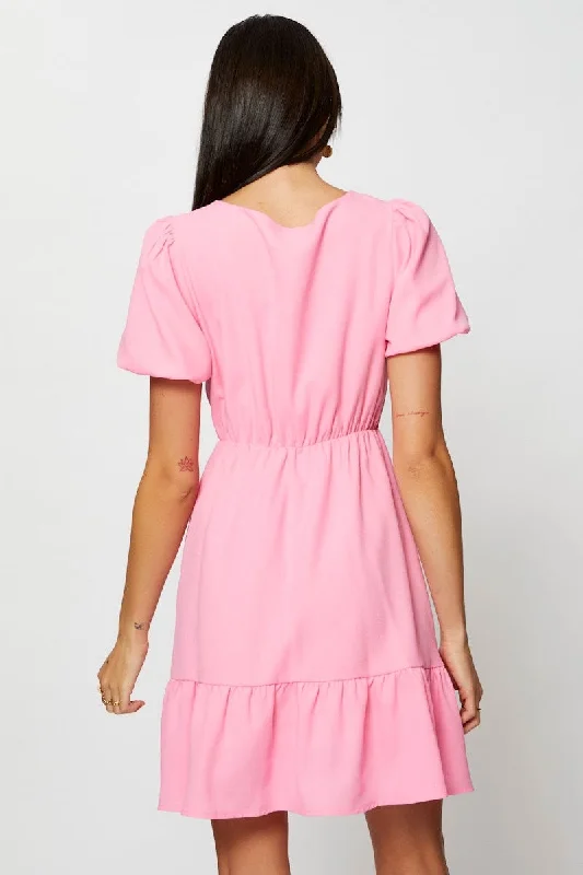 Pink Fit And Flare Dress Short Sleeve V Neck