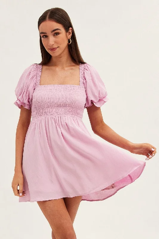 Pink Skater Dress Square Neck Short Sleeve