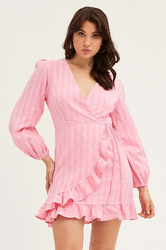 Pink Tie Waist Wrap Dress