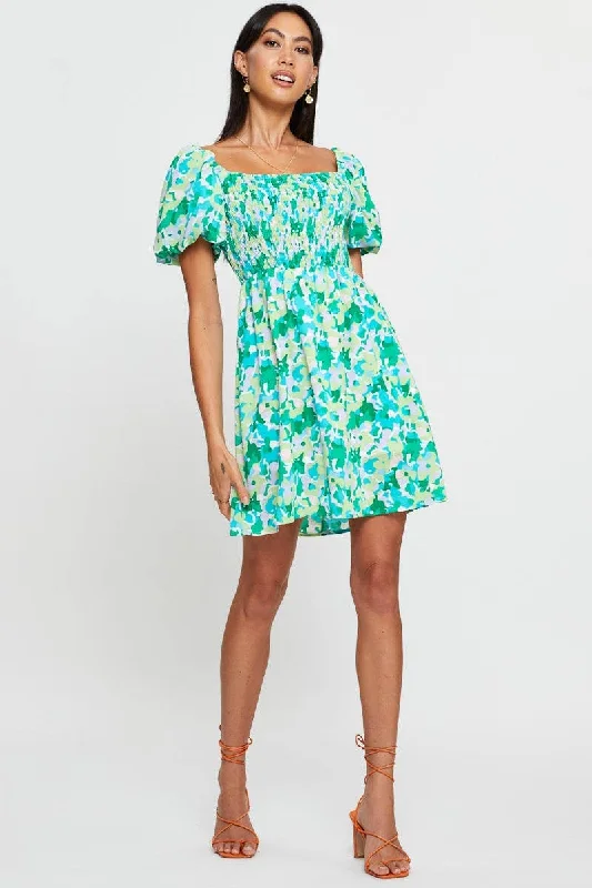 Print Fit And Flare Dress Short Sleeve Square Neck