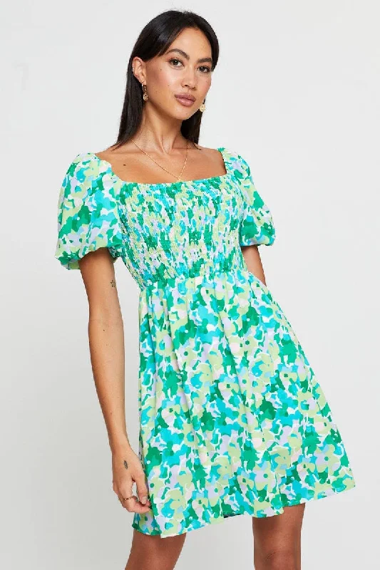 Print Fit And Flare Dress Short Sleeve Square Neck