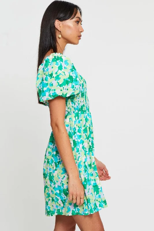 Print Fit And Flare Dress Short Sleeve Square Neck