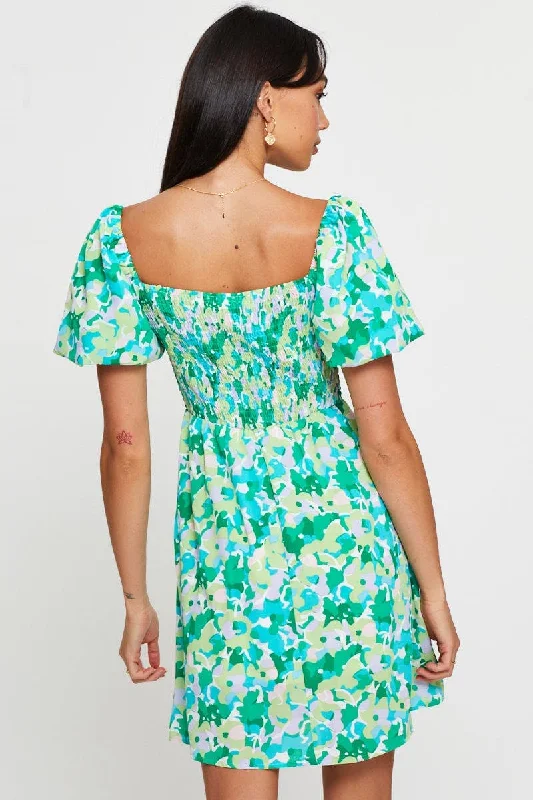 Print Fit And Flare Dress Short Sleeve Square Neck