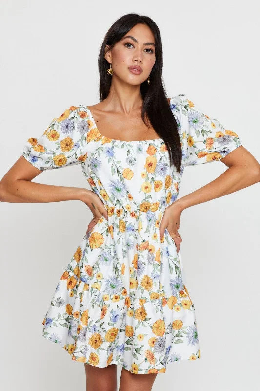 Print Fit And Flare Dress Short Sleeve Square Neck