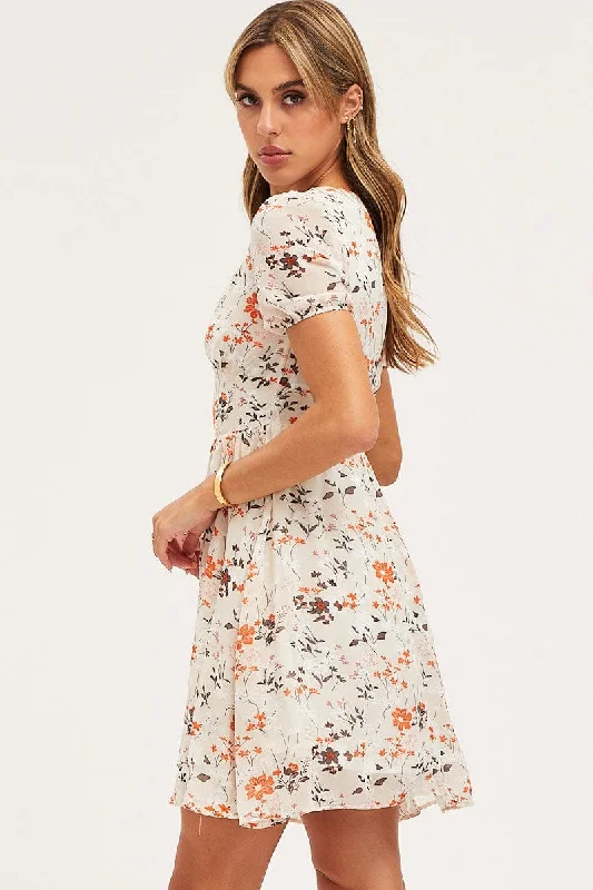 Print Fit And Flare Dress Short Sleeve V Neck