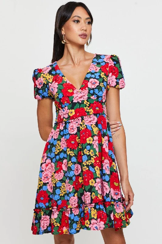 Print Fit And Flare Dress Short Sleeve V Neck