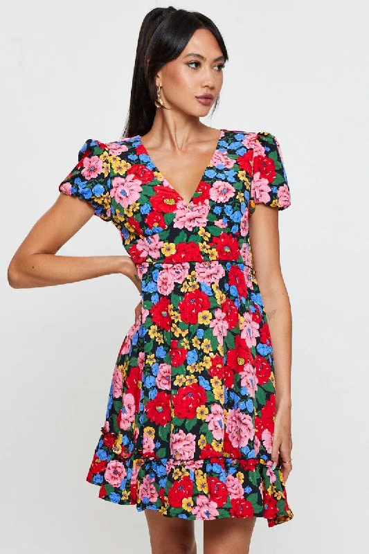 Print Fit And Flare Dress Short Sleeve V Neck