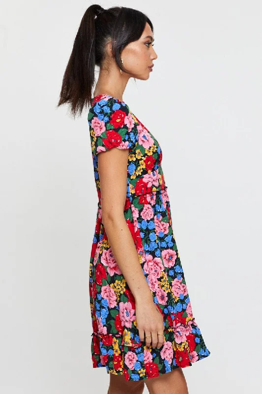 Print Fit And Flare Dress Short Sleeve V Neck