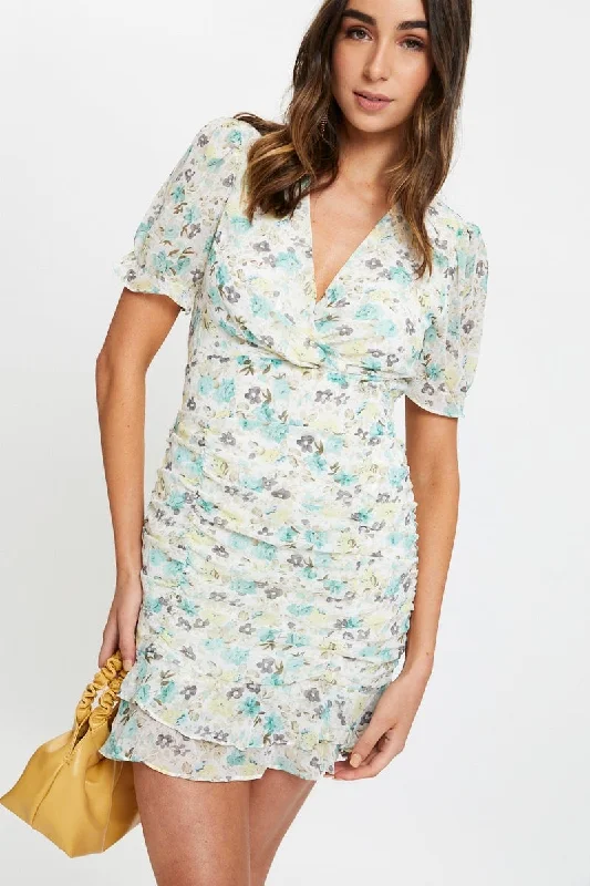 Print Puff Sleeve Ruched Dress