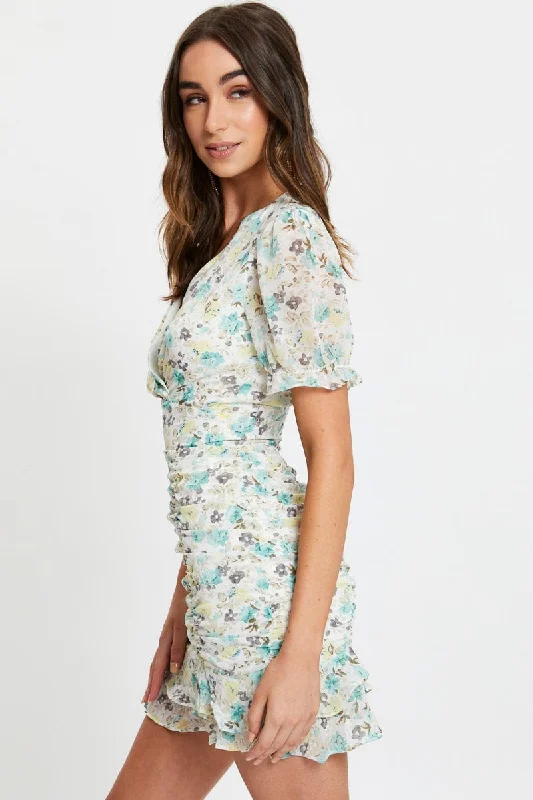 Print Puff Sleeve Ruched Dress