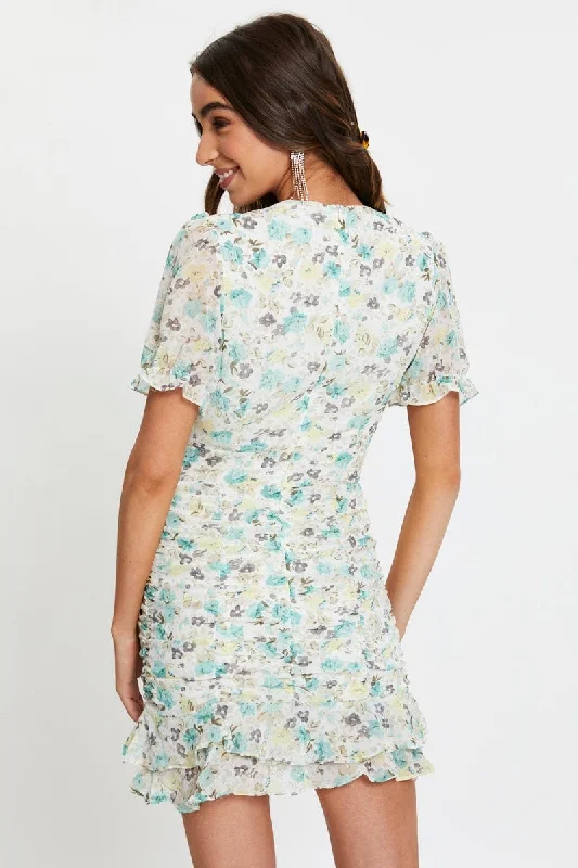 Print Puff Sleeve Ruched Dress