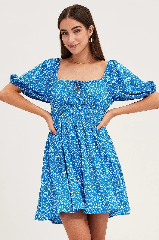 Print Puff Sleeve Skater Dress