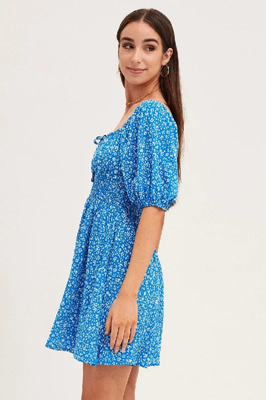 Print Puff Sleeve Skater Dress