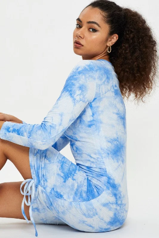 Print Tie Dye Ruched Drawstring Dress