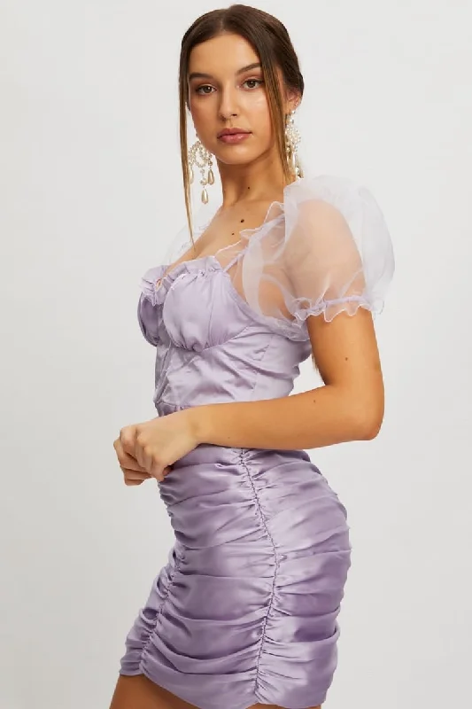 Purple Designer Satin Cupped Organza Puff Shoulder Dress