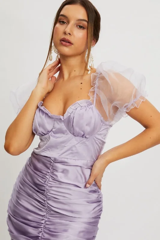 Purple Designer Satin Cupped Organza Puff Shoulder Dress