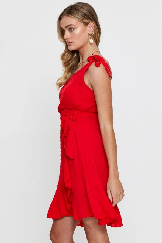 Red Wrap Dress One Shoulder Sleeveless