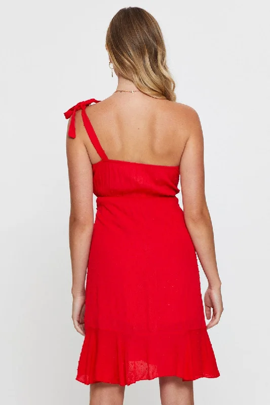 Red Wrap Dress One Shoulder Sleeveless