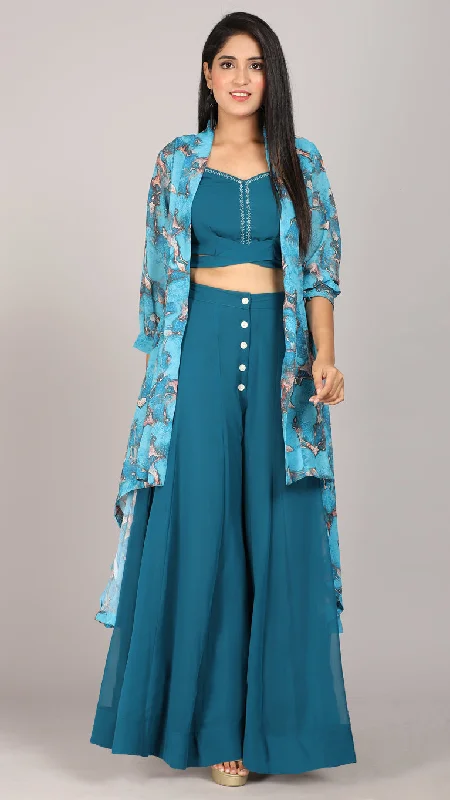 Teal printed 3 pcs co-ord set