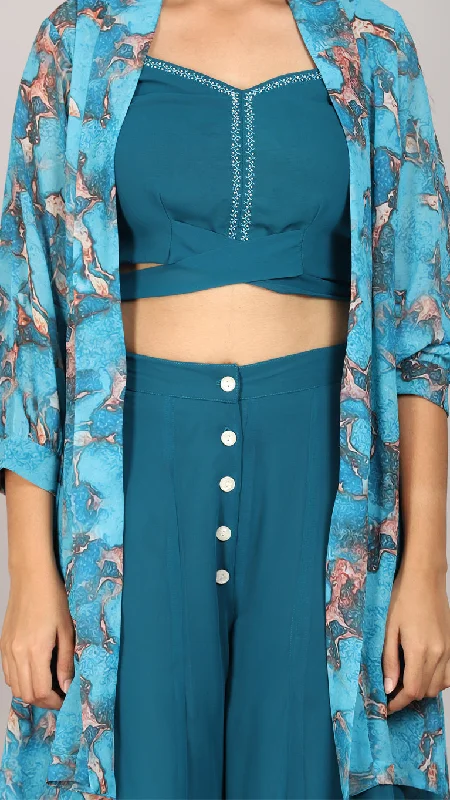 Teal printed 3 pcs co-ord set