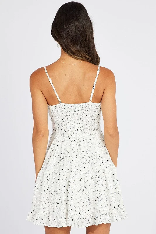 White Ditsy Fit and Flare Dress Short Sleeve Tiered