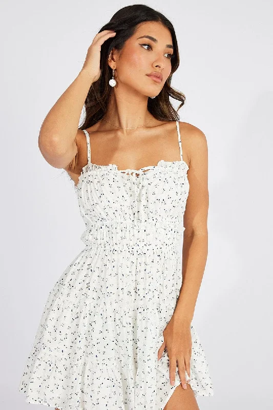 White Ditsy Fit and Flare Dress Sleeveless