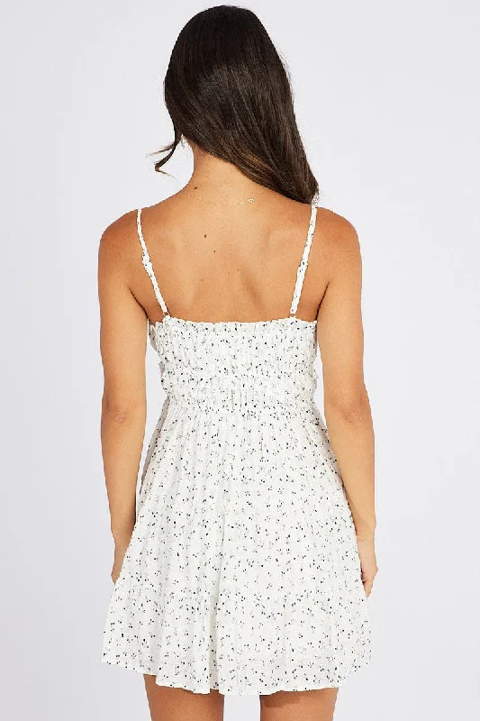 White Ditsy Fit and Flare Dress Sleeveless