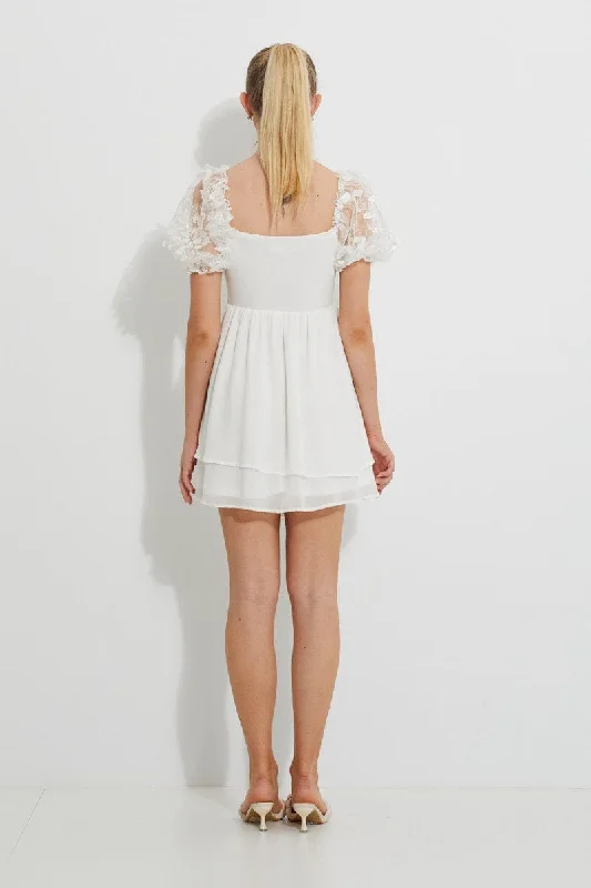 White Embroidered Puff Sleeve Tiered Dress