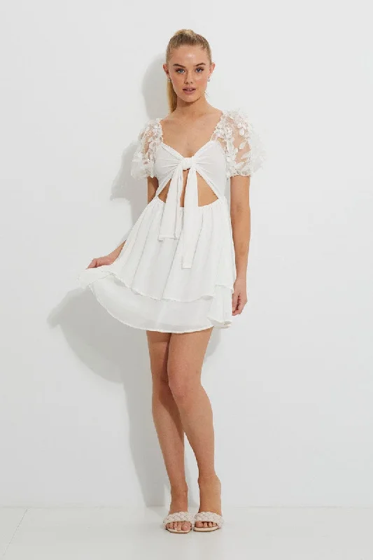 White Embroidered Puff Sleeve Tiered Dress