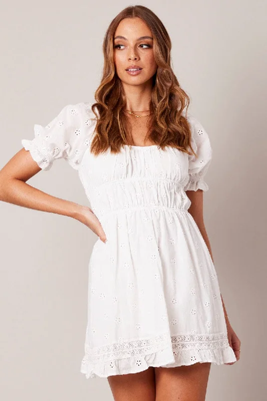 White Fit And Flare Dress Puff Sleeve