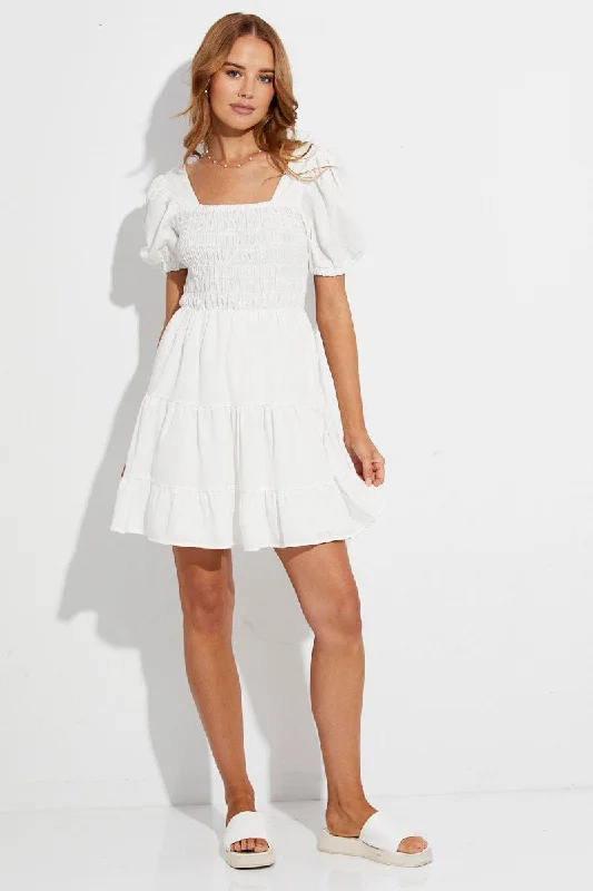 White Fit And Flare Dress Puff Sleeve Square Neck