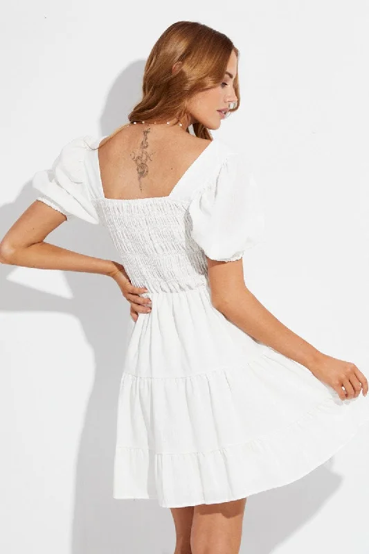 White Fit And Flare Dress Puff Sleeve Square Neck