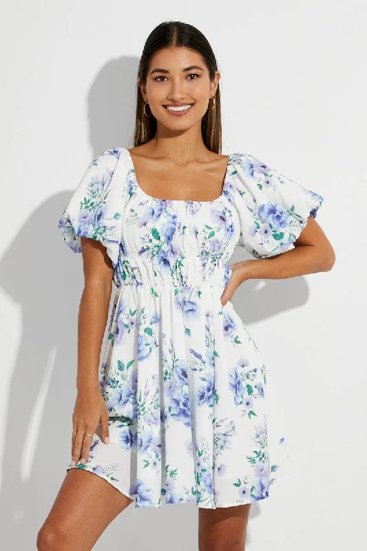 White Floral Fit And Flare Short Sleeve Off Shoulder