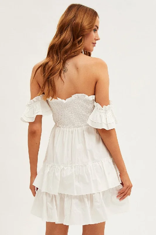 White Off Shoulder Dress Tiered Ruched Bodice