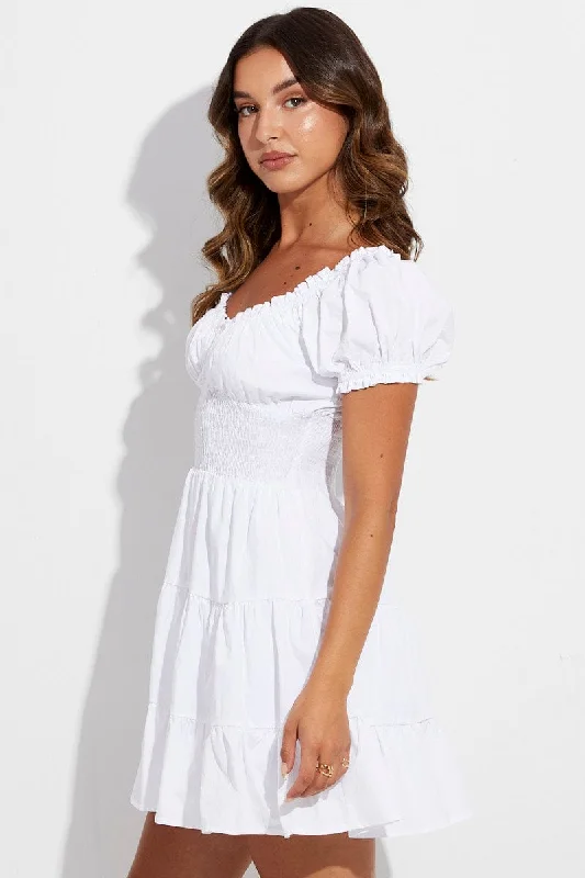 White Skater Dress Short Puff Sleeve V Neck Cotton