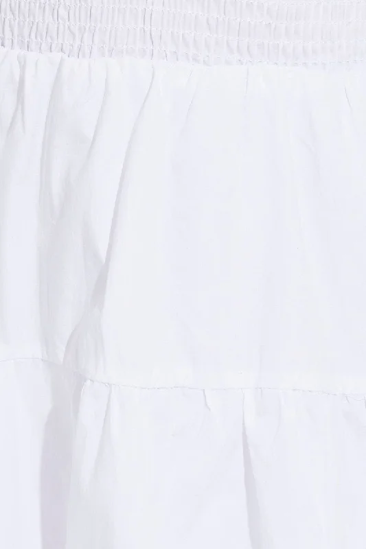 White Skater Dress Short Puff Sleeve V Neck Cotton