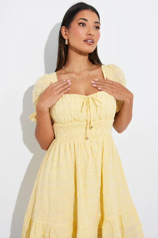 Yellow Fit And Flare Dress Puff Sleeve