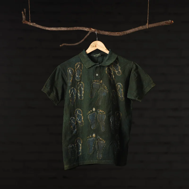 Green - Bindaas Natural Dyed Art Block Print Polo Collar T-shirt in Cotton